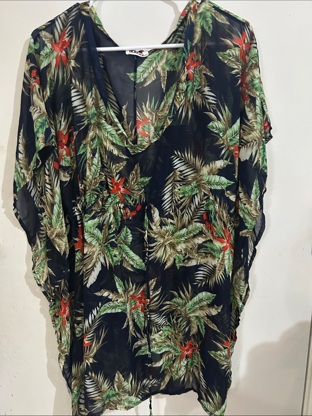 BONGO Black Sheer Tropical Tunic with Green & Red Floral